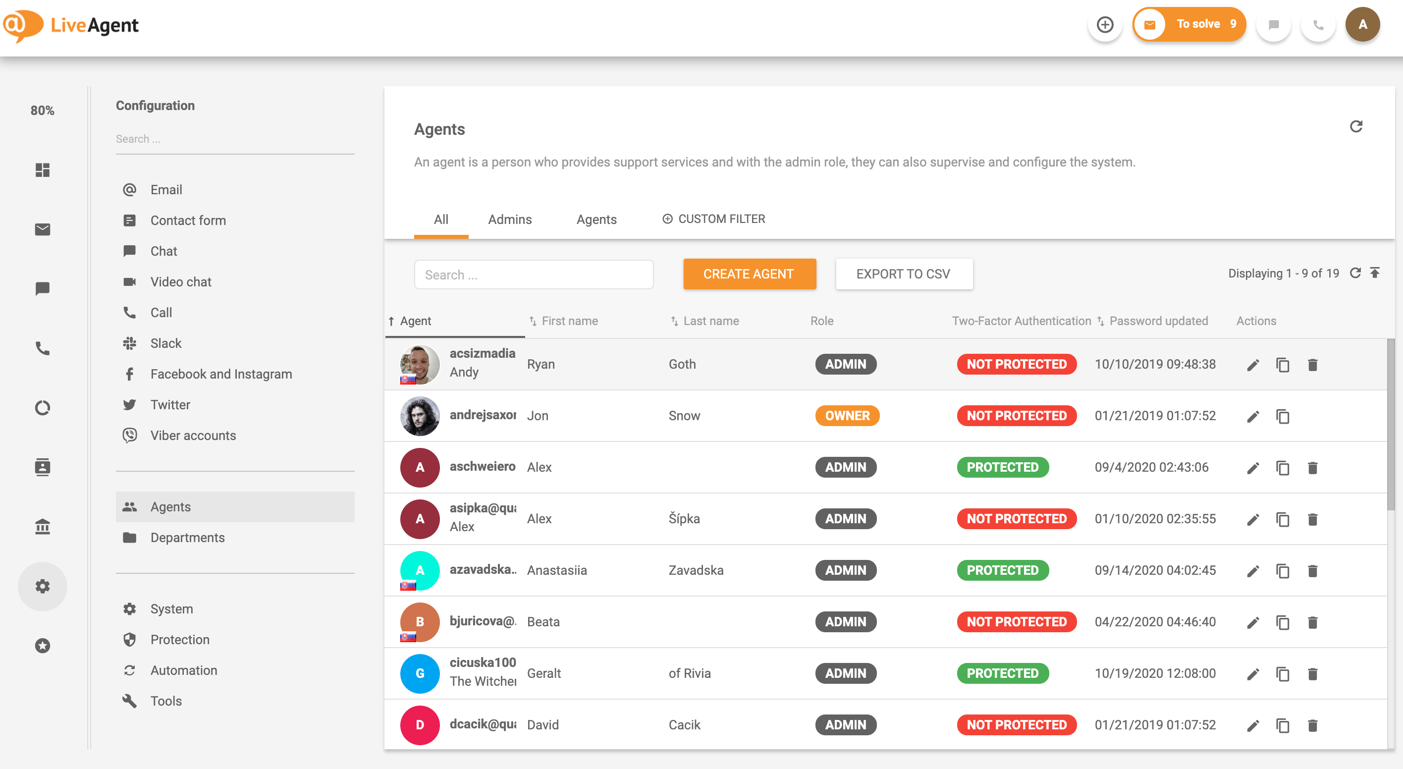 Aģentu saraksts klientu apkalpošanas risinājumā LiveAgent