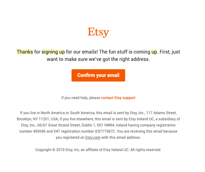 Etsy klienta ieguves e-pasta apstiprinājums