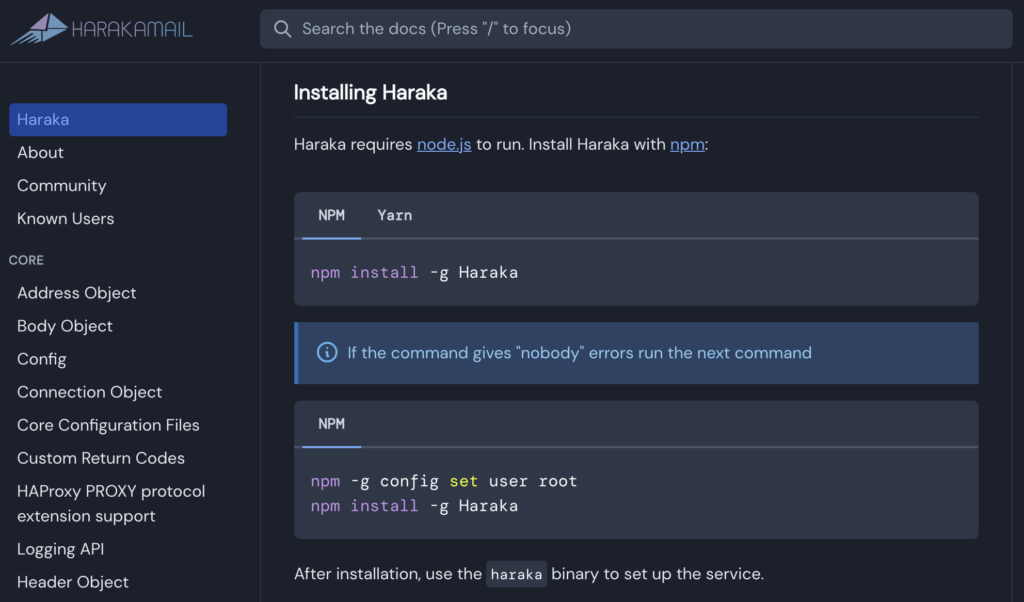 Haraka mājaslapa ar instalēšanas instrukcijām