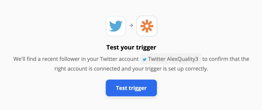 Twitter aktivizēšanas tests Zapier integrācijas iestatījumos