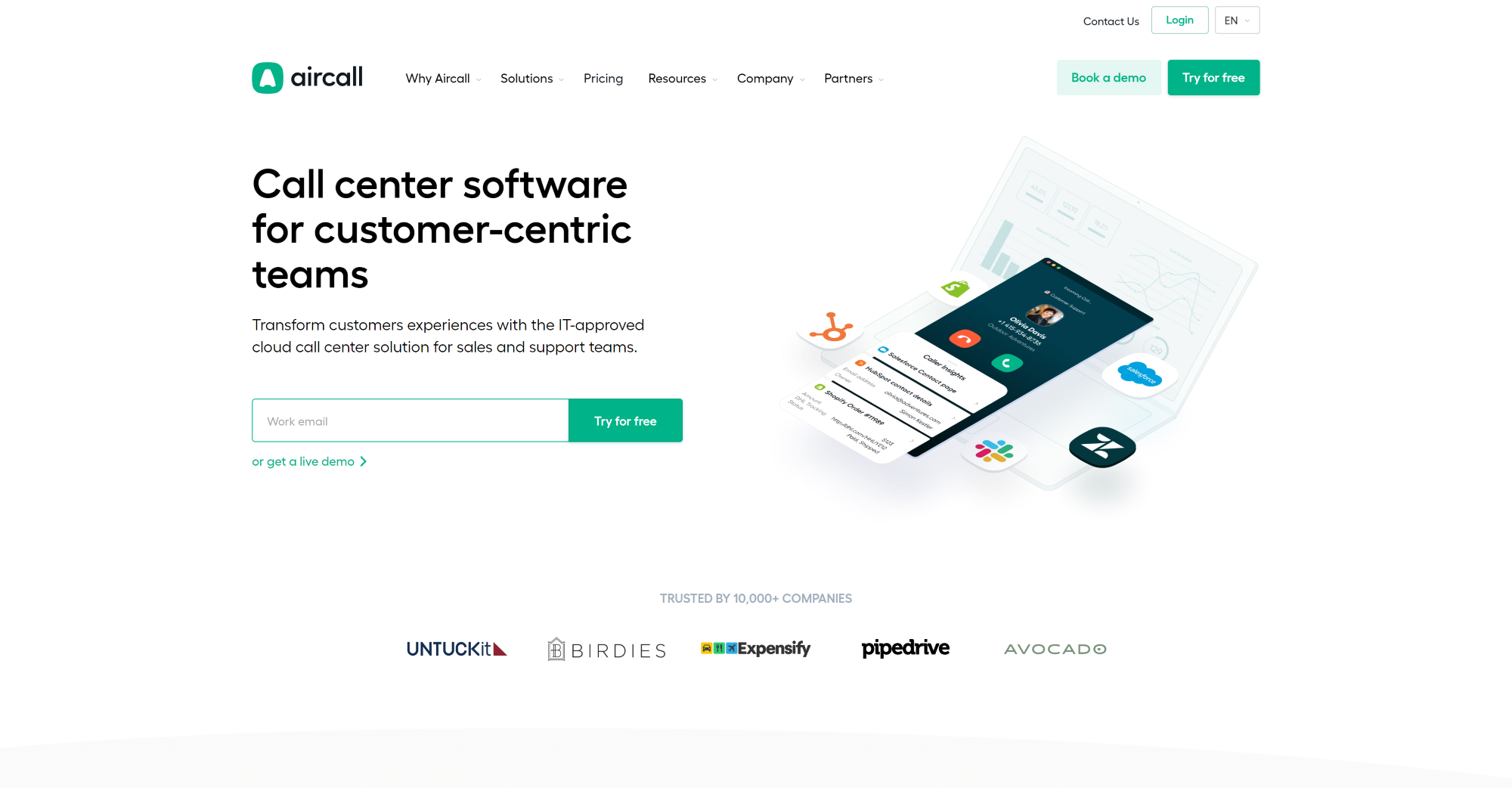 Aircall Zvanu Centra programmatūras mājaslapa