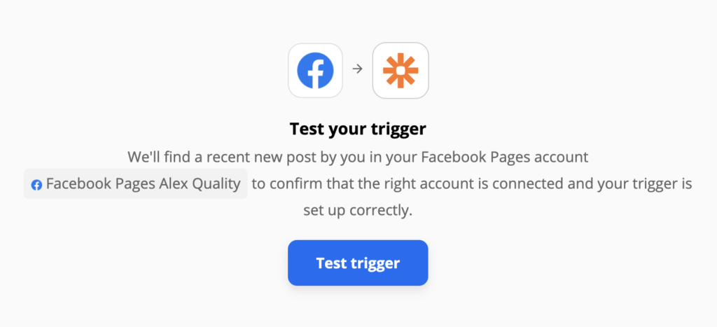 Facebook lapas aktivizēšanas tests vietnē Zapier