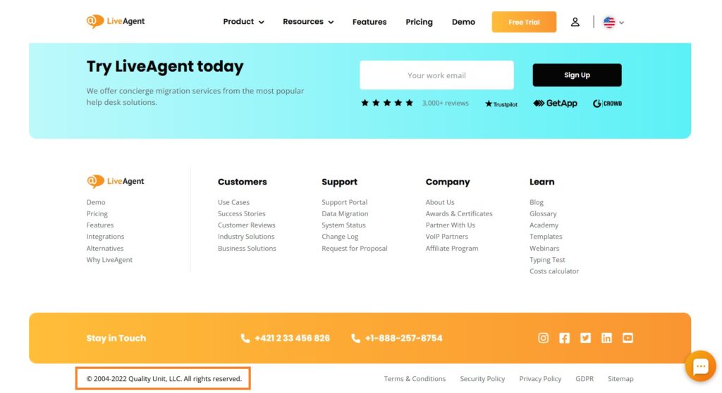 LiveAgent mājaslapas autortiesības