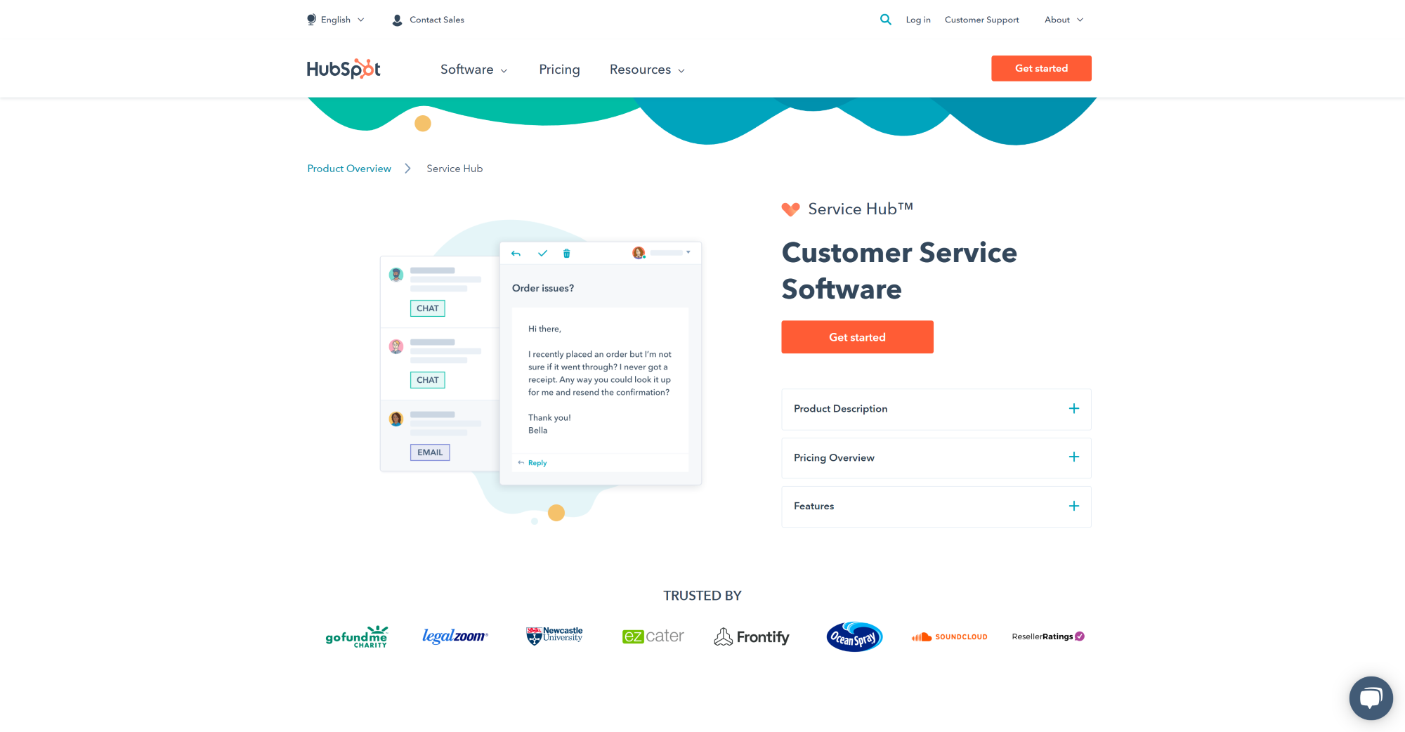 Hubspot Service Hub Tiešsaistes Čata programmatūras mājaslapa