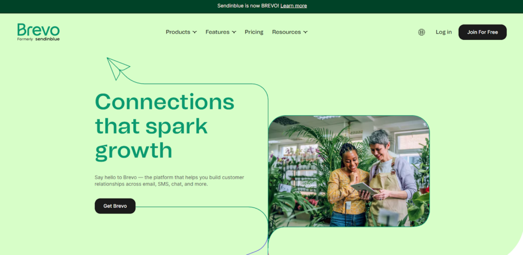 Brevo sākumlapa, e-pasta pārvaldības programmatūra ar mārketinga iespējām