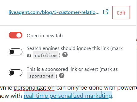 Liveagent iekšējās saites piemērs