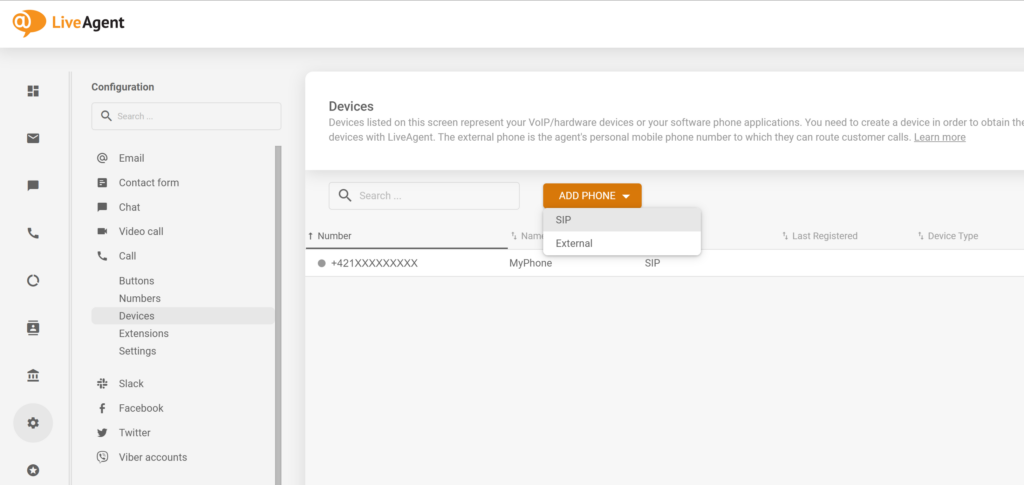 Attēls, kurā redzams, kā LiveAgent konfigurācijā pievienot jaunu SIP tālruni