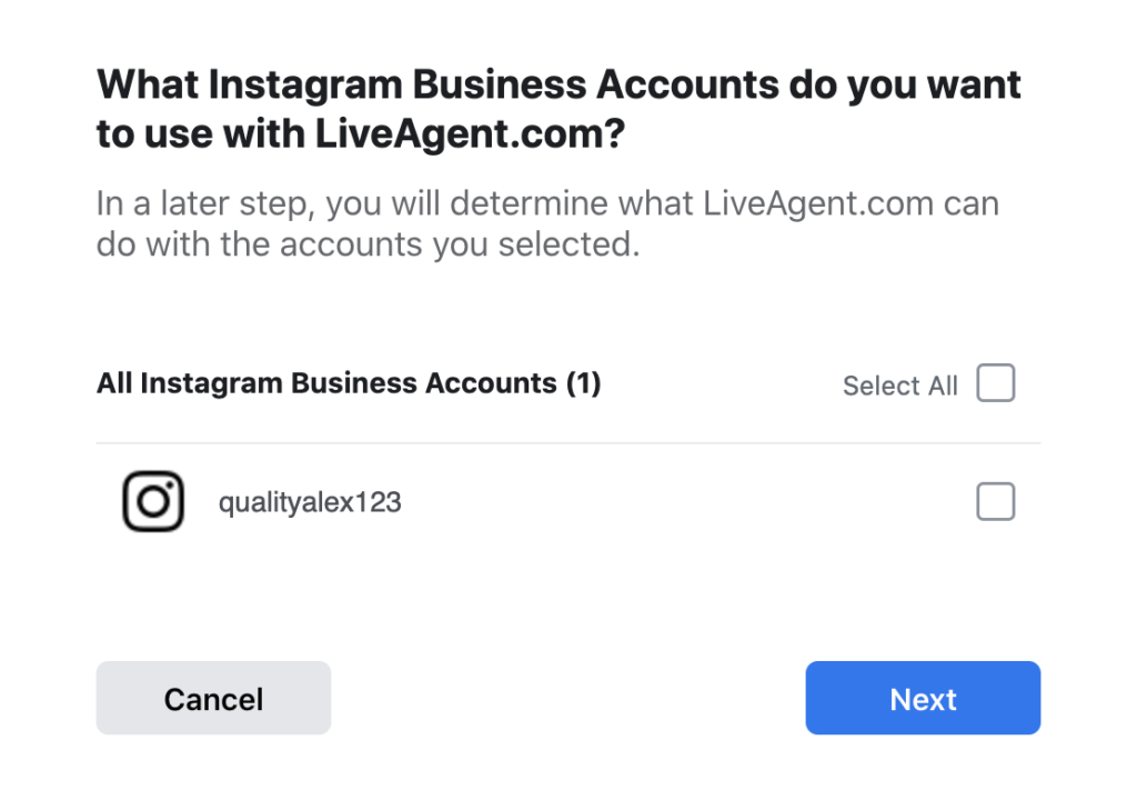 Izvēlieties Instagram kontus, kurus vēlaties iekļaut integrācijā