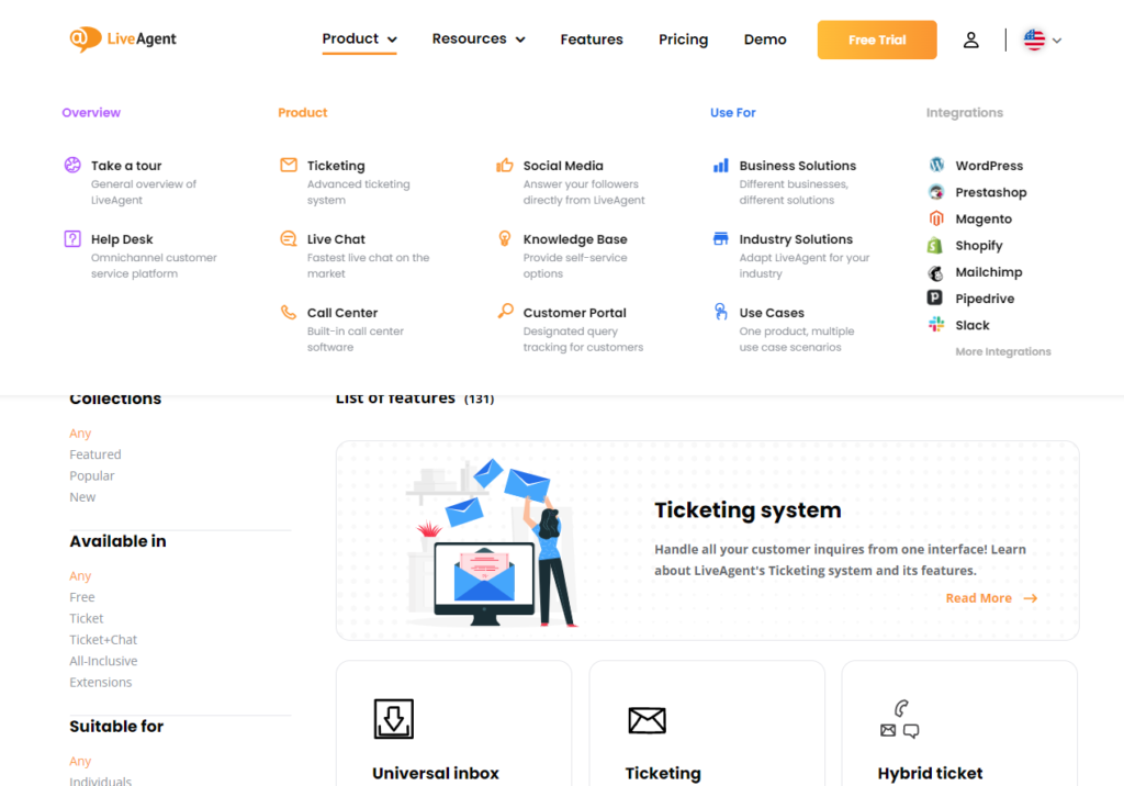LiveAgent galvenā un blakus galvene