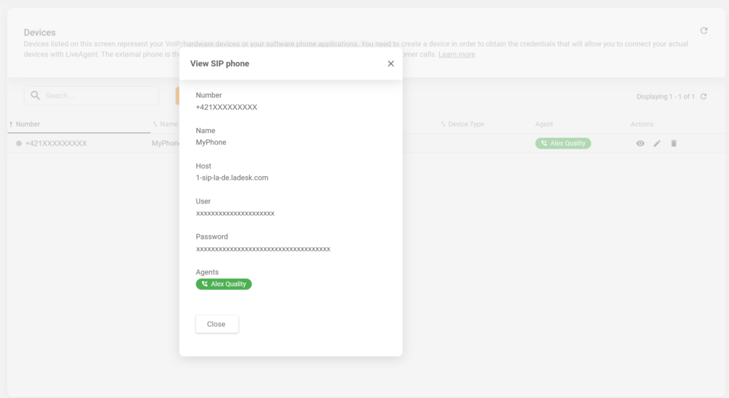 Attēls, kurā redzama informācija par jaunizveidotu SIP tālruni LiveAgent konfigurācijā