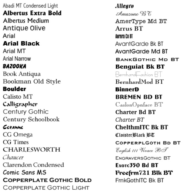 Fontu piemērs programmā MS Word