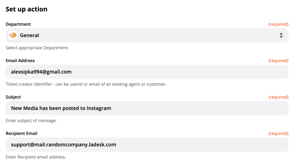 Liveagent darbības iestatīšana Instagram integrācijā Zapier