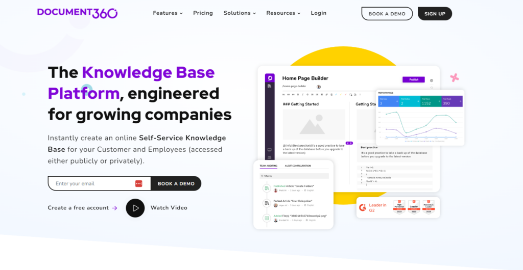 Momentuzņēmums no Document360 sākumlapas, koncentrējoties uz tā galvenajām funkcijām