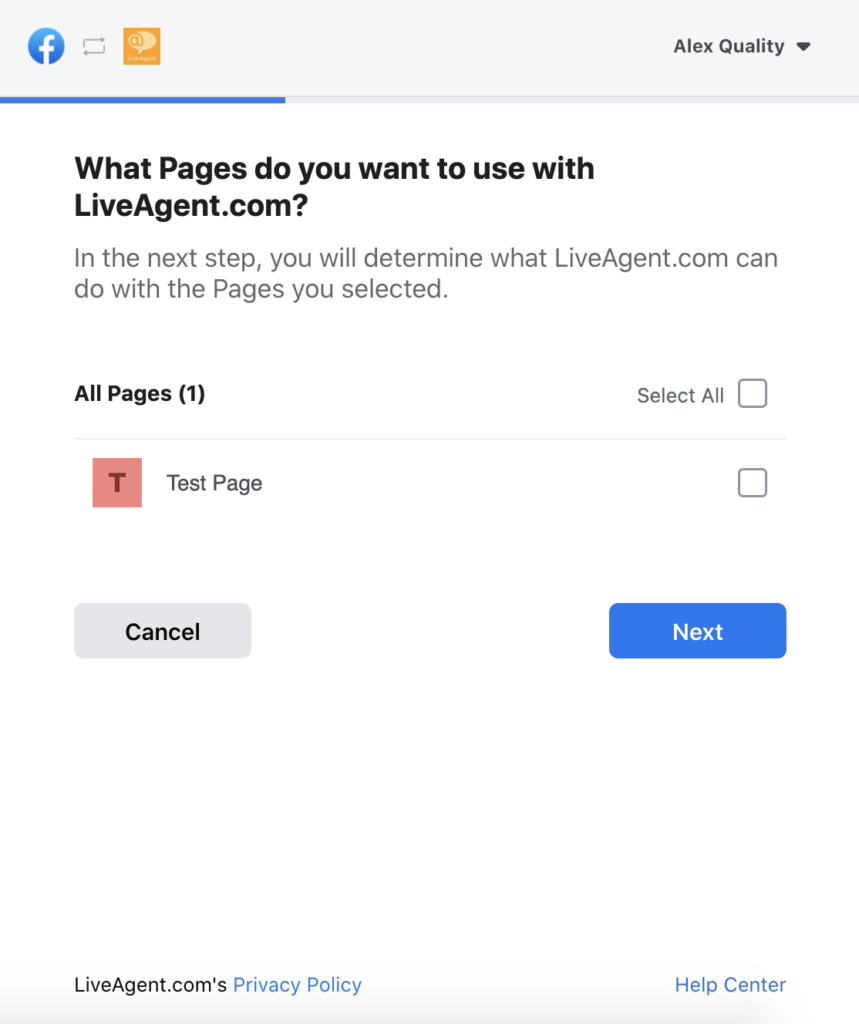 Facebook lapu izvēle LiveAgent konfigurācijā