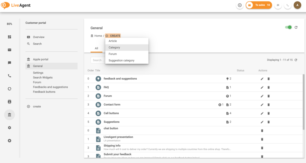 Klientu portāla kategorijas izveides piemērs LiveAgent zināšanu bāzes sistēmā