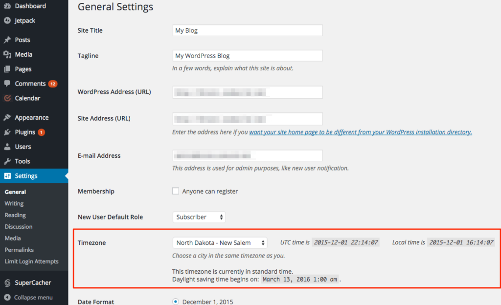 WP laika joslas iestatījumi