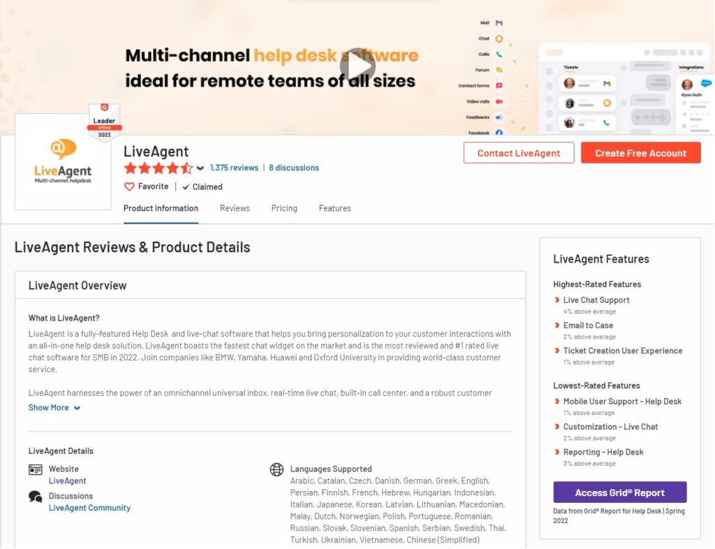G2 - LiveAgent Apskati un Produktu informācija