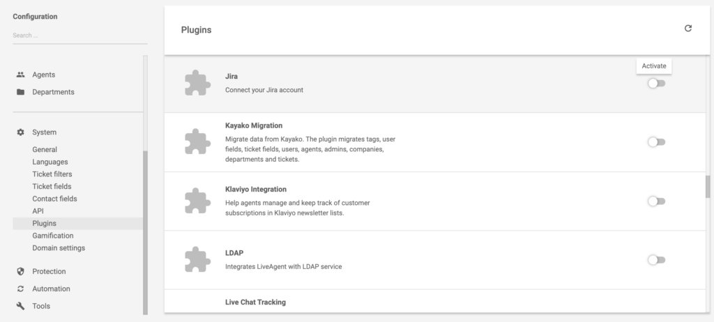 Kur LiveAgent uzstādījumos atrast Jira spraudni