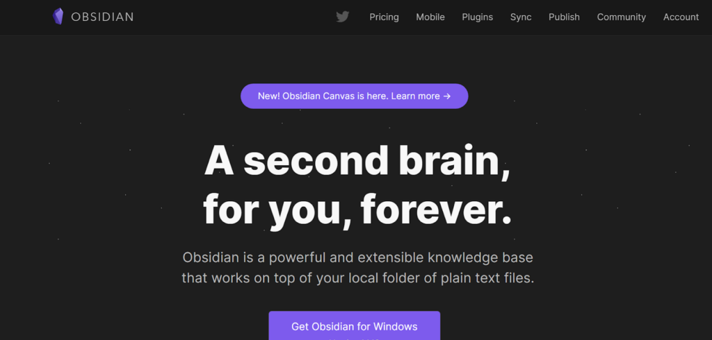 Obsidian programmatūras mājas lapas vizuālais attēlojums