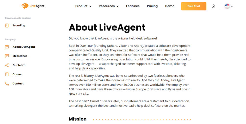 LiveAgent Par mums lapa