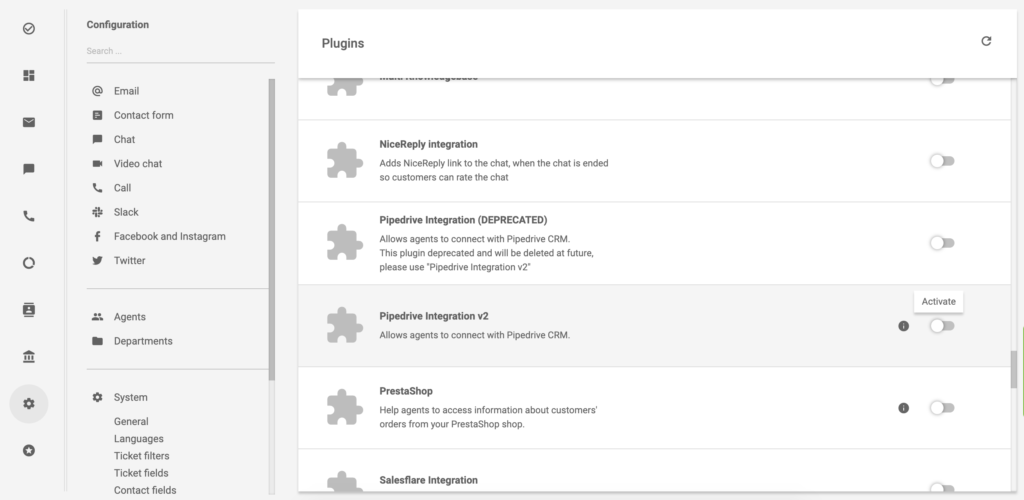 PipeDrive Integrācija ver.2 LiveAgent spraudņu sekcija