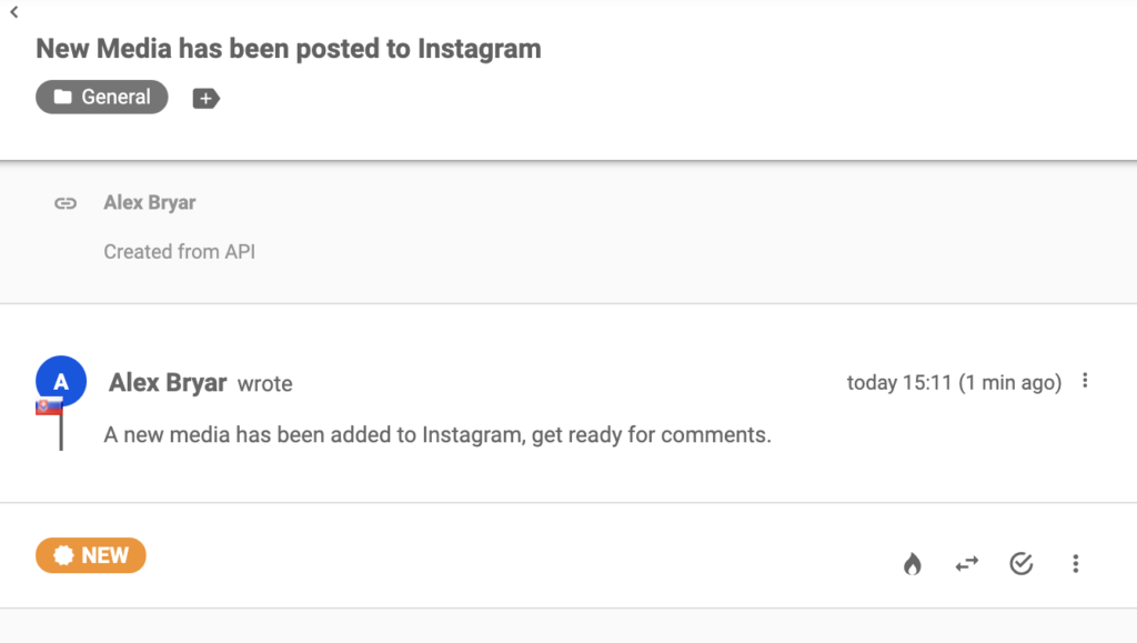 Instagram ziņa par jaunu publikāciju LiveAgent pieteikumu sistēmā
