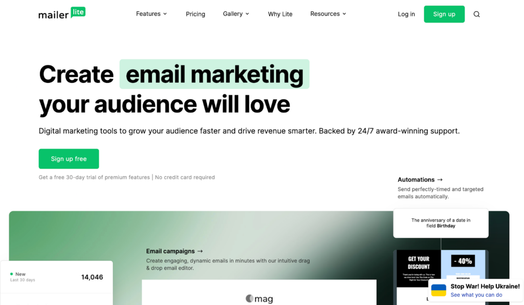Mailerlite sākumlapa, lietotājam draudzīga e-pasta pārvaldības sistēma