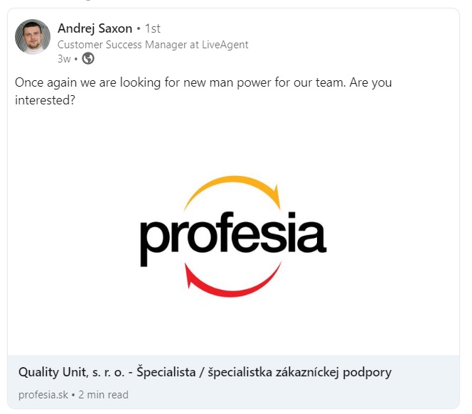 Quality Unit darba piedāvājums Linkedin platformā