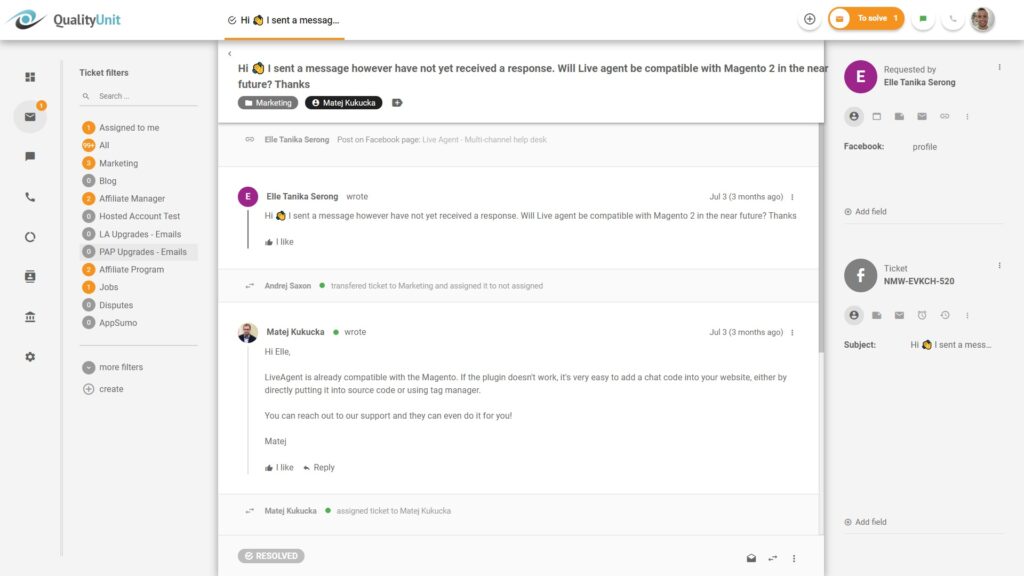 LiveAgent - Facebook pieteikums