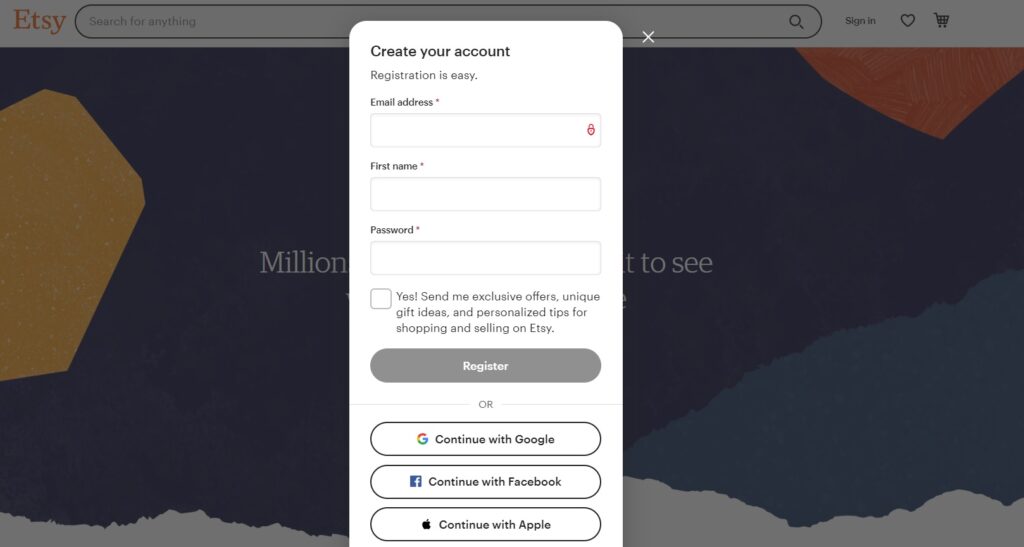 Etsy veikala reģistrācija