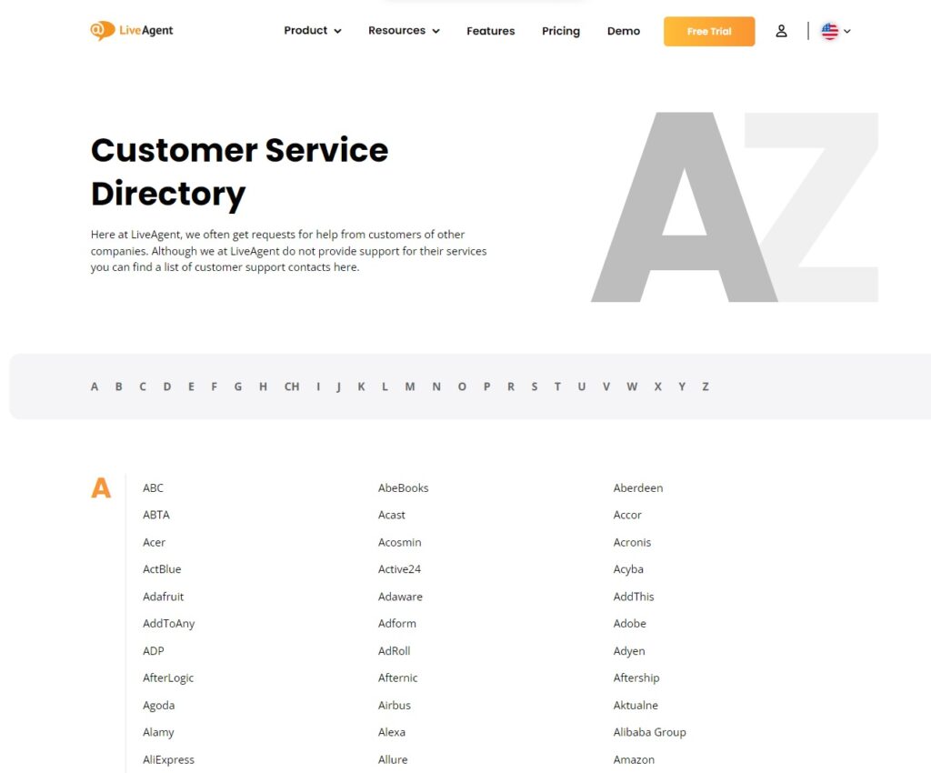 LiveAgent kataloga lapa