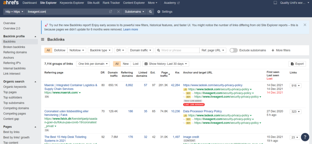 Ārējo atpakaļsaišu Ahrefs piemērs