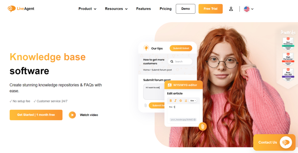 LiveAgent saistošā sākumlapa, kas izceļ tā zināšanu bāzes rīku